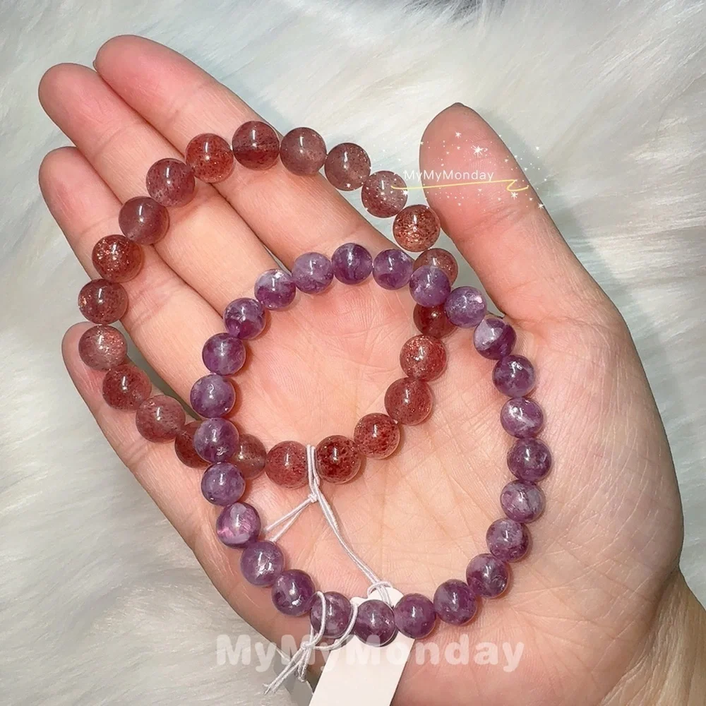 Strawberry Quartz Bracelet 8mm And Lepidolite Bracelet 7mm Bundle